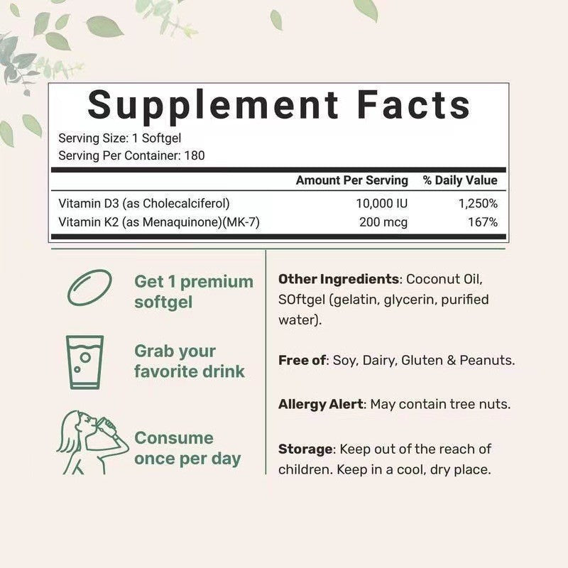 Vitamin D3 K2 10000 IU + 200mcg Supplement | Extra Strength with Coconut Oil | K2 as MK-7 | 180 Softgels | Immune Support | GMO-Free | Gluten-Free | Lab Tested - Organic Wellness Hub