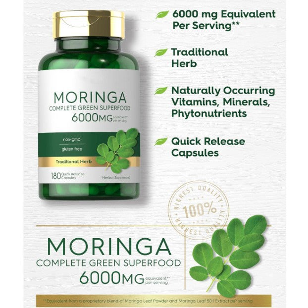 Moringa Complete Green Superfood 6000mg | 60 Quick Release Capsules | Non-GMO, Gluten Free Traditional Herb Supplement