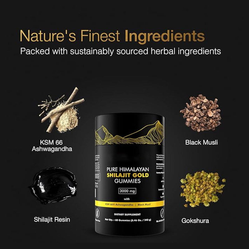 Pure Himalayan Shilajit Gold Gummies 3000mg with KSM-66 Ashwagandha & Black Musli | Organic Wellness Hub