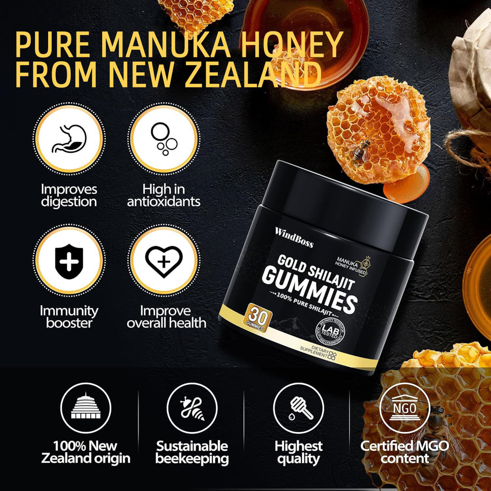 Gold Shilajit Gummies with Manuka Honey - Premium Shilajit Wellness Gummies | 30 Gummies