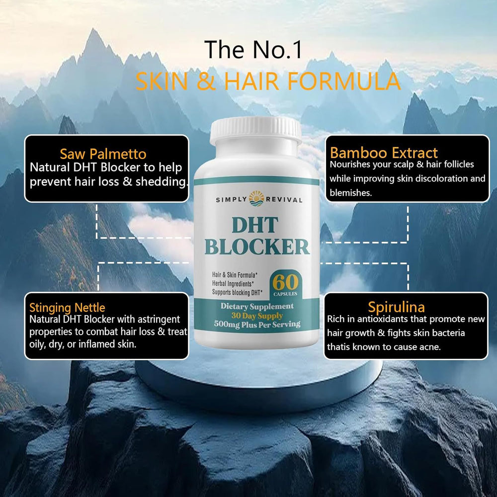 DHT Blocker for Hair Loss - Hair & Skin Formula, Herbal Ingredients, 60 Capsules, 30 Day Supply | Simply Revival