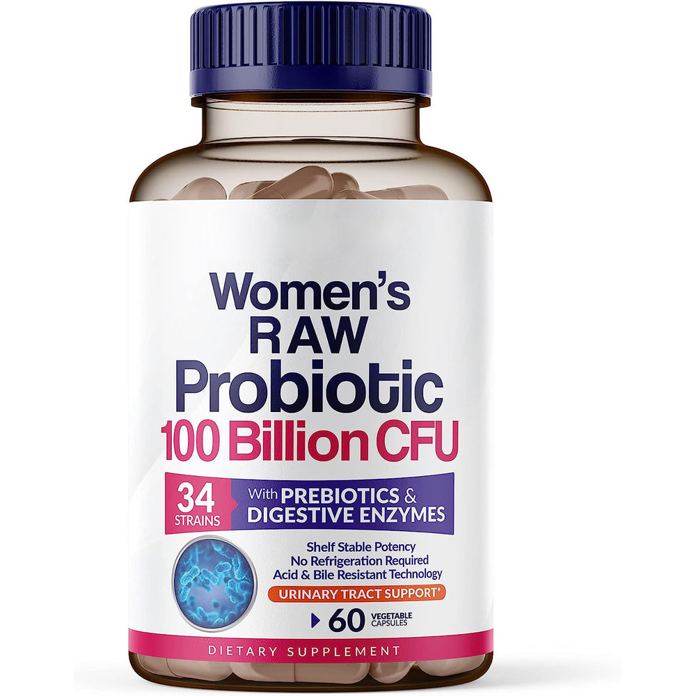 Women's RAW Probiotic 100 Billion CFU | 34 Strains + Prebiotics & Digestive Enzymes | Urinary Tract Support | 60 Veg Capsules ? Organic Wellness Hub