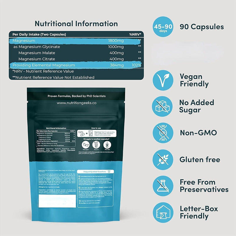 Magnesium Glycinate 3-in-1 1800mg Supplement | 90 Vegan Capsules | Organic Wellness Hub