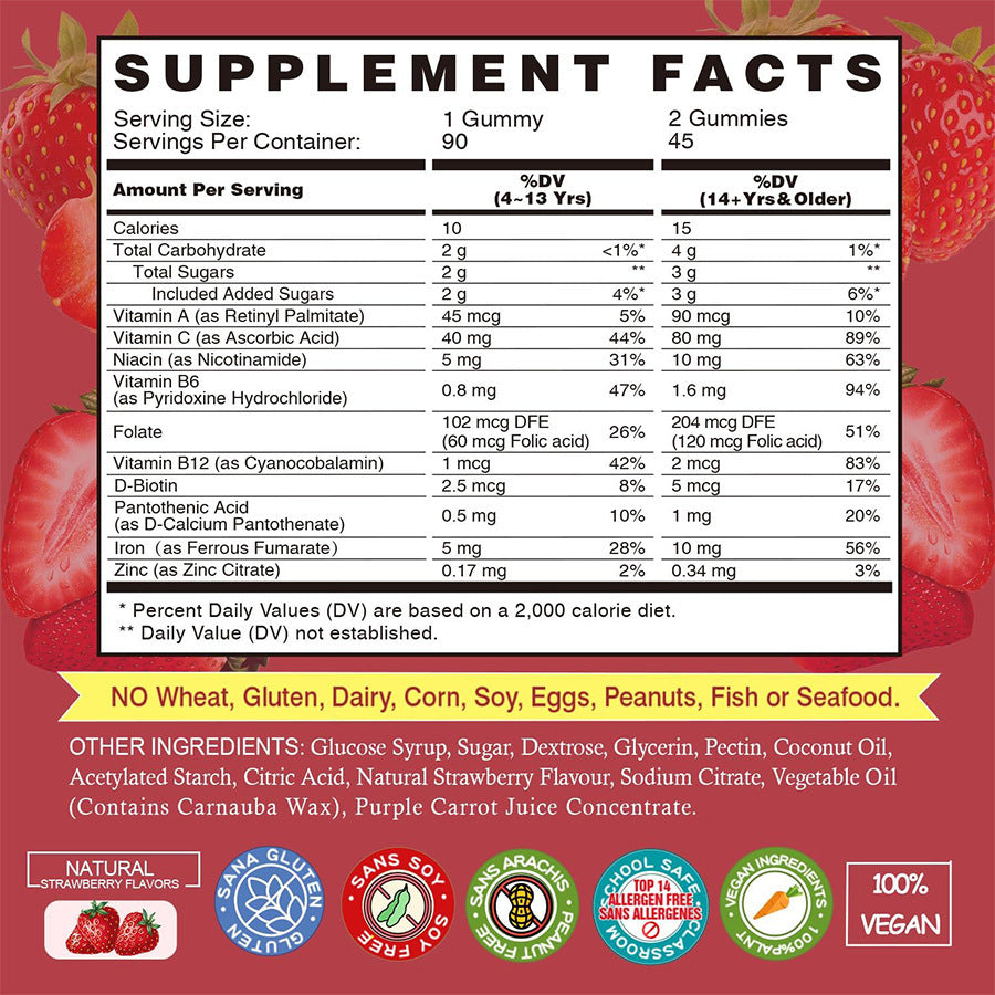 Iron Vegan Gummies with B-Complex, Vitamin C, A & Zinc - Blood Builder & Energy Support | Natural Strawberry Flavor | Organic Wellness Hub
