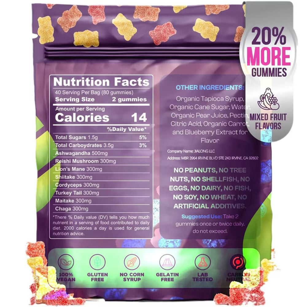 Organic Mushroom Gummies with Ashwagandha - 2500mg | Lion's Mane, Reishi, Chaga, Cordyceps & More | 80 Vegan Gummies | Mixed Fruit Flavor