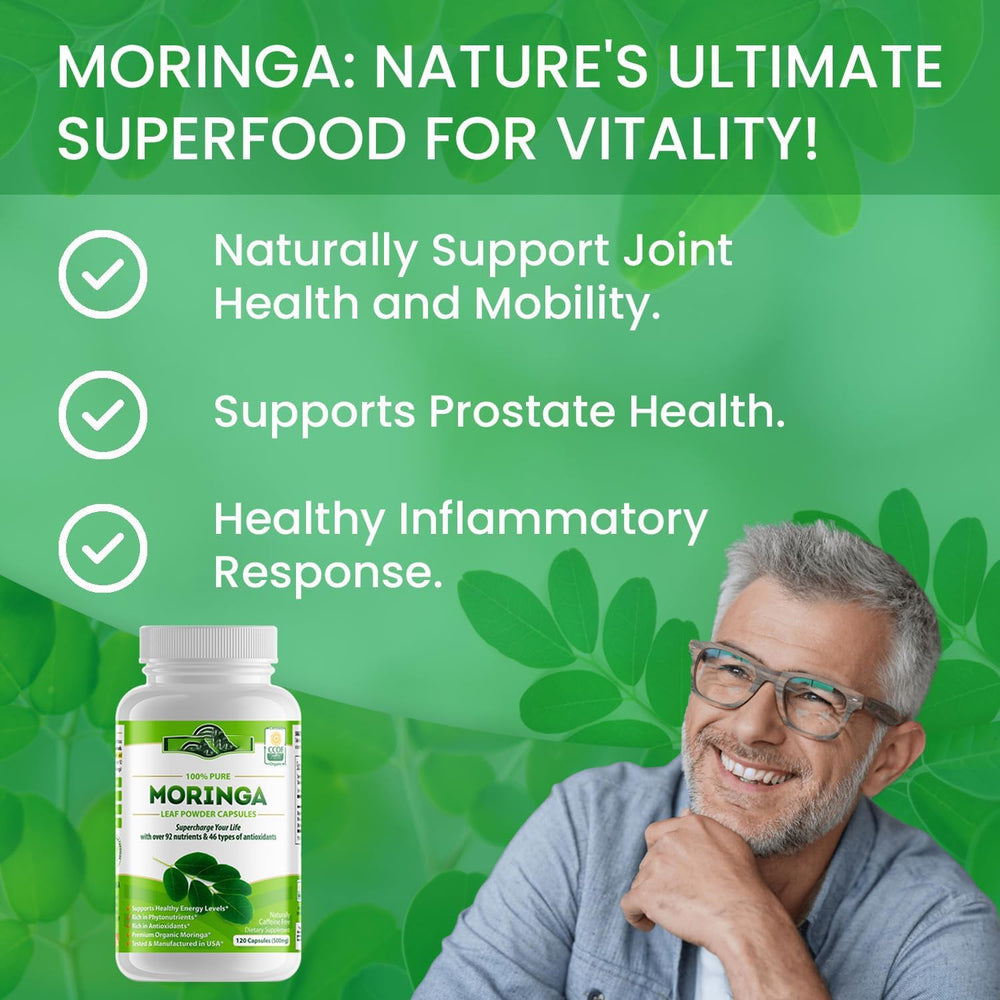 100% Pure Moringa Leaf Powder Capsules 500mg | Organic Wellness Hub