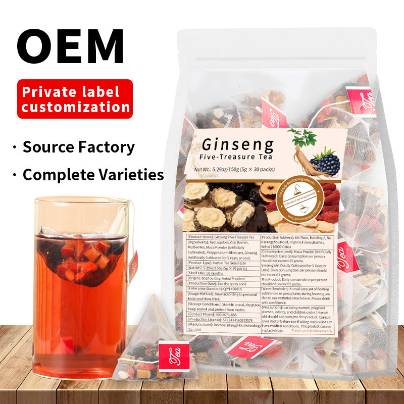 Ginseng Five-Treasure Herbal Tea  Red Jujube, Goji Berry, Mulberry, Maca & Polygonum Sibiricum | 30 Tea Bags | Natural Energy, Vitality & Wellness Blend | 150g