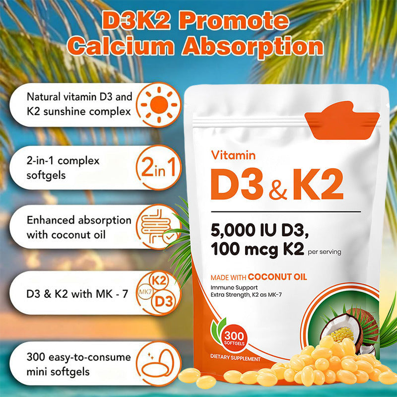 Vitamin D3 K2 Supplement | 5000 IU D3 + 100 mcg K2 as MK-7 | 300 Softgels with Coconut Oil | Extra Strength Immune Support | Bone & Heart Health | 300-Day Supply