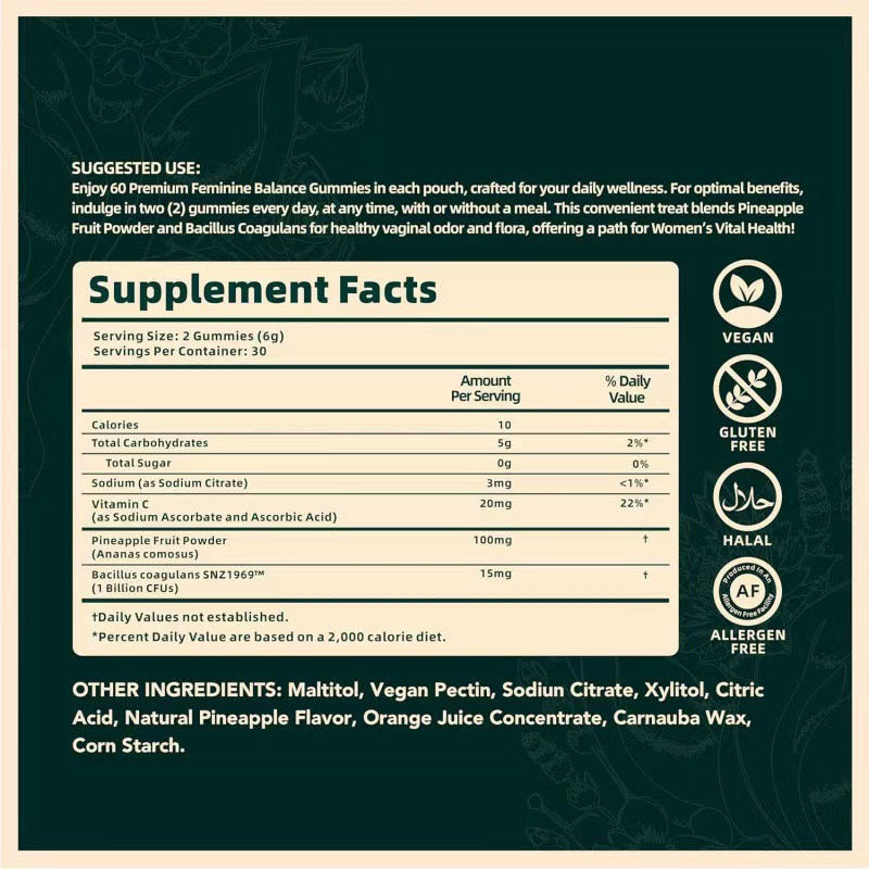 Vital Source Nutrition Premium Feminine Balance Gummies | Vaginal & Hormonal Health | Hawaiian Pineapple | 60 Gummies | 30 Servings