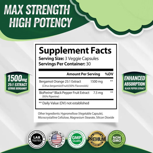 Citrus Bergamot 1500mg Capsules 3-Pack | 25:1 Extract + BioPerine® | Lab Tested | Organic Wellness Hub