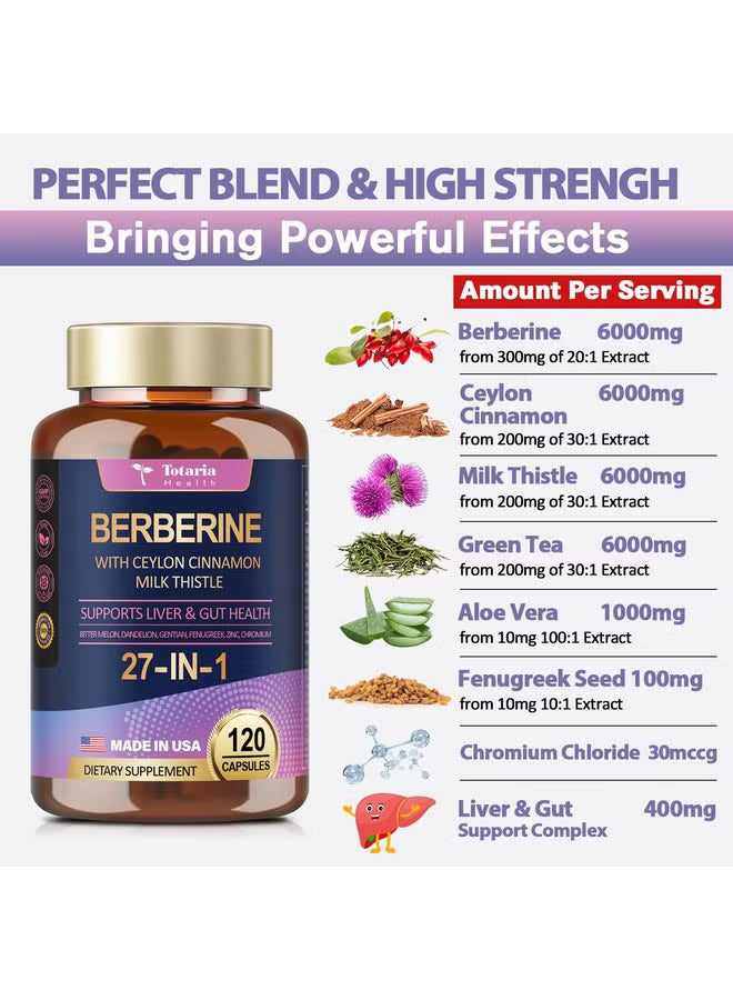 Totaria Health Berberine 27-in-1 3-Pack – Berberine with Ceylon Cinnamon & Milk Thistle | 360 Capsules | Organic Wellness Hub