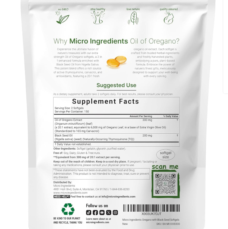 Micro Ingredients Oil of Oregano 6000mg with Black Seed Oil - 300 Softgels | Ultra High Carvacrol & Thymoquinone | GMO Free, Gluten Free | Lab Tested | Organic Wellness Hub