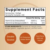 Vitamin D3 5000 IU + K2 100mcg Softgels - 240 Count | Coconut Oil Formula | Lab Tested & Quality Guaranteed | Organic Wellness Hub