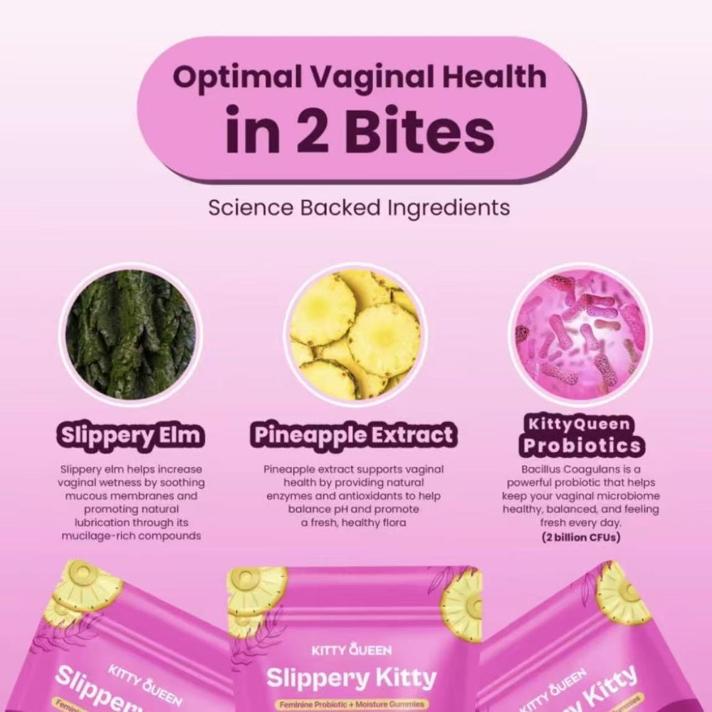 Slippery Kitty Feminine Probiotic + Moisture Gummies | pH Balance, Odor Control & Vaginal Flora Support | Slippery Elm | 30 Gummies - Organic Wellness Hub