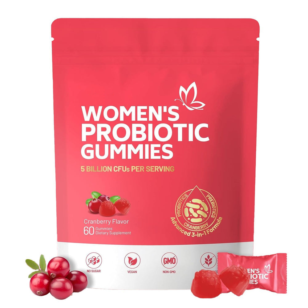 Women's Probiotic Gummies - 5 Billion CFUs | Probiotics + Prebiotics + Cranberry | No Sugar | Vegan | Non-GMO | 60 Gummies