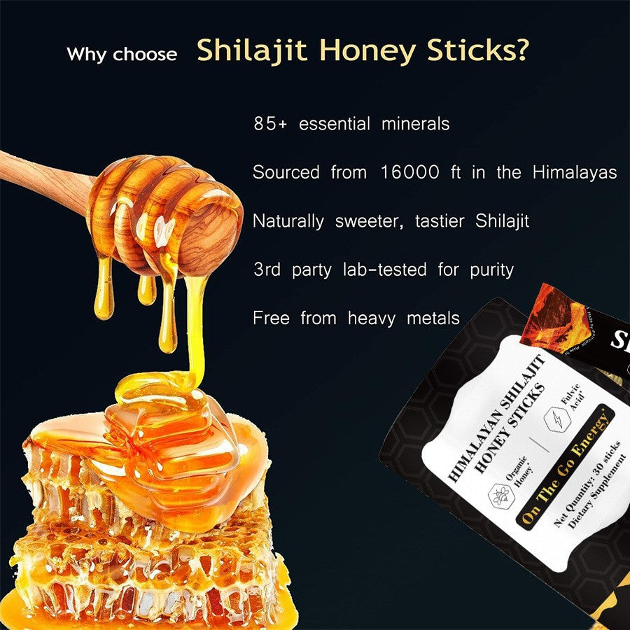 Himalayan Shilajit Honey Sticks - Organic Honey & Fulvic Acid Energy Support | 30 Sticks