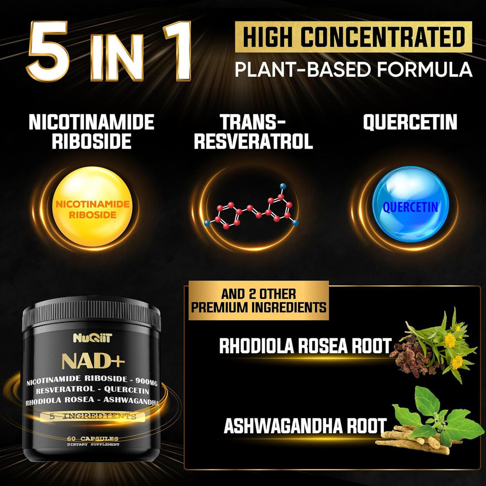 NAD+ Supplement | Nicotinamide Riboside 900mg + Resveratrol, Quercetin, Rhodiola Rosea & Ashwagandha | 60 Capsules - Organic Wellness Hub