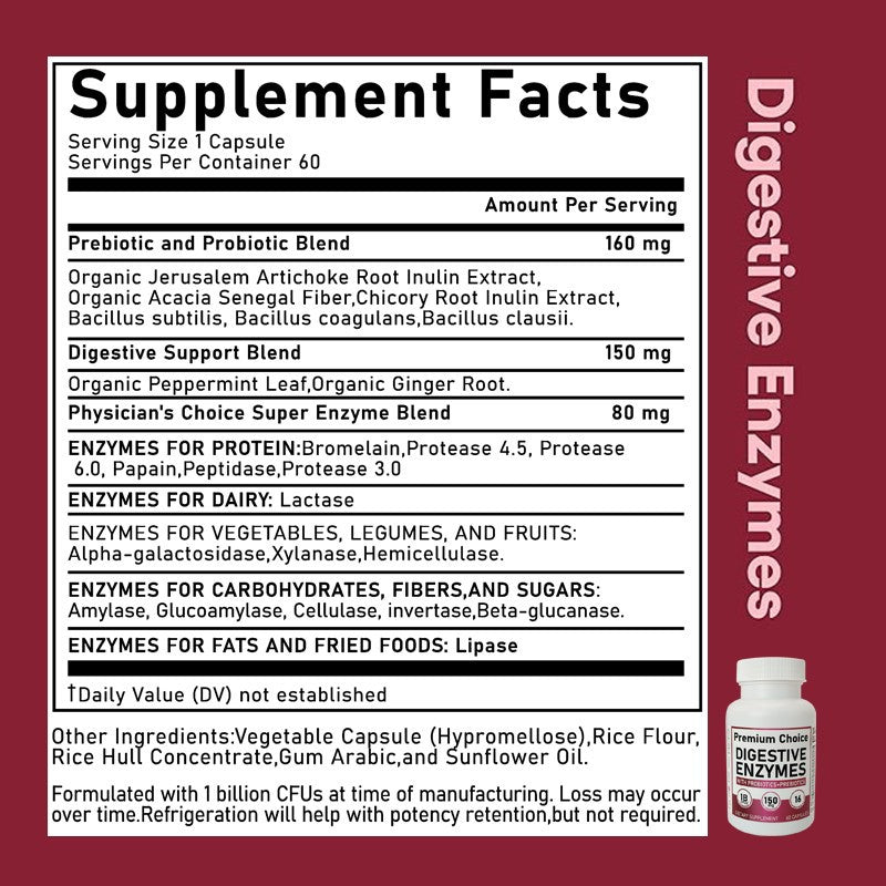 Premium Choice Digestive Enzymes with Probiotics & Prebiotics - 16 Enzymes, 1B CFUs, 150mg Prebiotics | 60 Capsules | Organic Wellness Hub