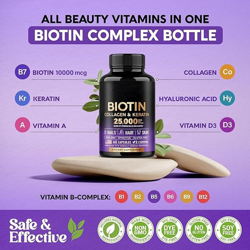 Biotin 25,000mcg + Collagen & Keratin | Vitamins B2, B3, B6 | Hair, Skin & Nails | 60 Capsules | Clinically Tested | Non-GMO, Gluten-Free - Organic Wellness Hub