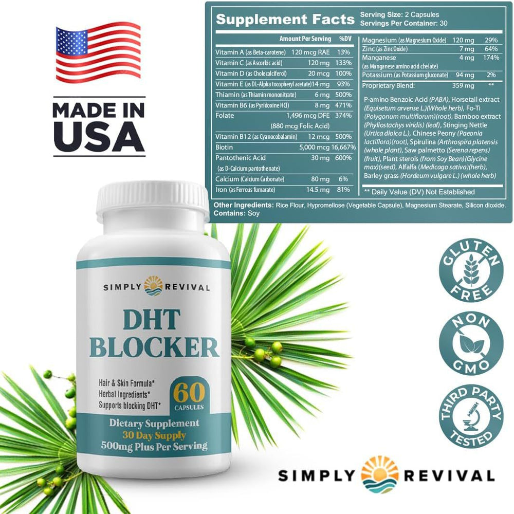 DHT Blocker for Hair Loss - Hair & Skin Formula, Herbal Ingredients, 60 Capsules, 30 Day Supply | Simply Revival
