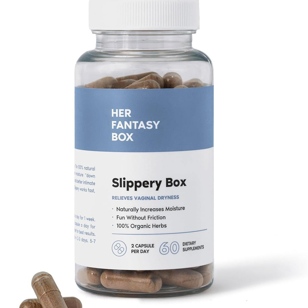 Her Fantasy Box Slippery Box | Natural Vaginal Dryness Relief | 100% Organic Herbs | Moisture Support | 60 Capsules