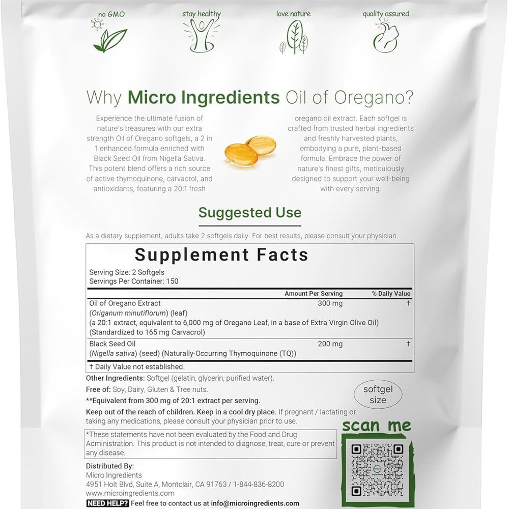 Micro Ingredients Oil of Oregano 6000mg with Black Seed Oil - 300 Softgels | Ultra High Carvacrol & Thymoquinone | GMO Free, Gluten Free | Lab Tested | Organic Wellness Hub