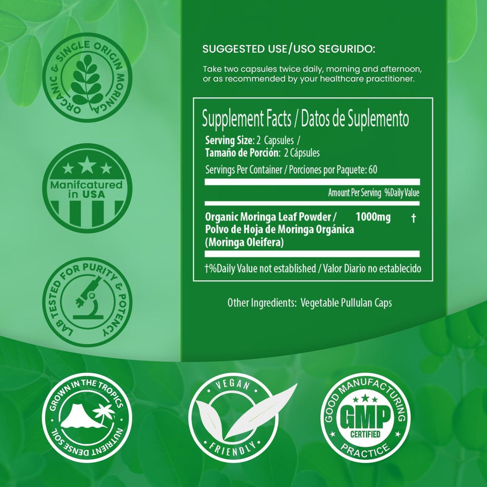 100% Pure Moringa Leaf Powder Capsules 500mg | Organic Wellness Hub
