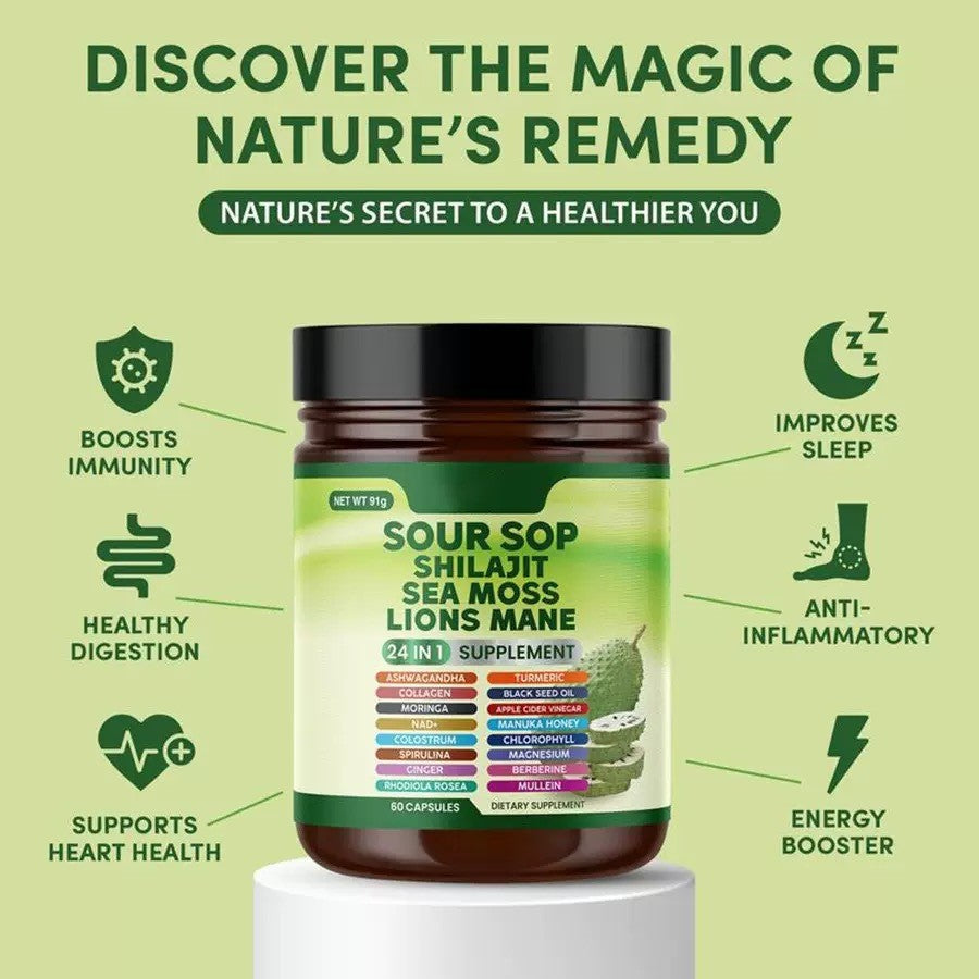 Sour Sop Shilajit Sea Moss Lions Mane Supplement | 24-in-1 Organic Blend | Ashwagandha, Turmeric, Collagen, Berberine, NAD+ | 60 Capsules | Organic Wellness Hub