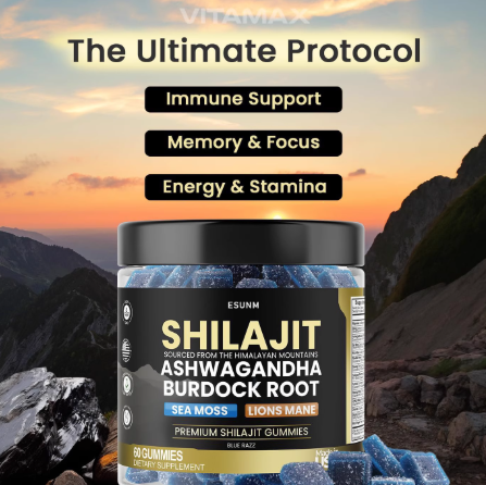 Shilajit Gummies with Ashwagandha, Sea Moss, Lion Mane & Burdock Root - Blue Razz 60 Gummies | Organic Wellness Hub