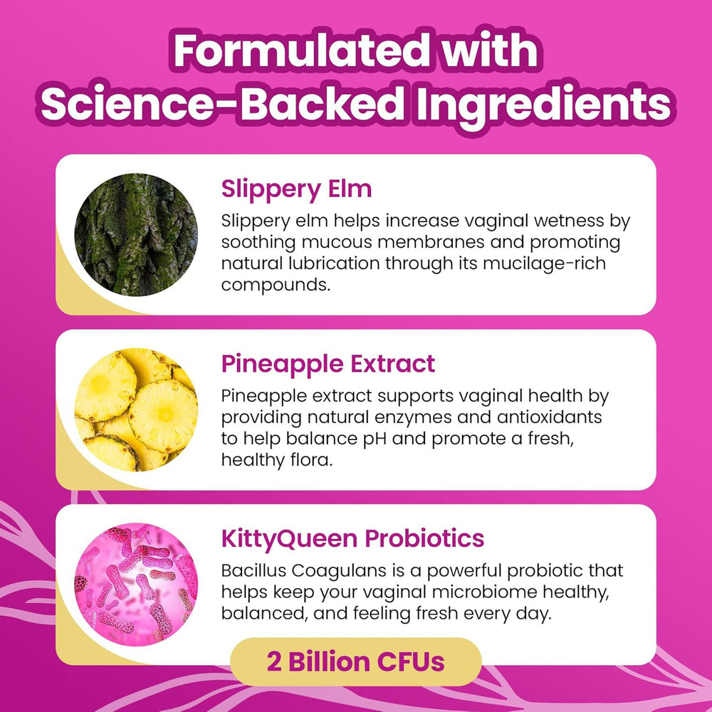 Slippery Kitty Feminine Probiotic + Moisture Gummies | pH Balance, Odor Control & Flora Support | Slippery Elm | 60 Gummies Pineapple