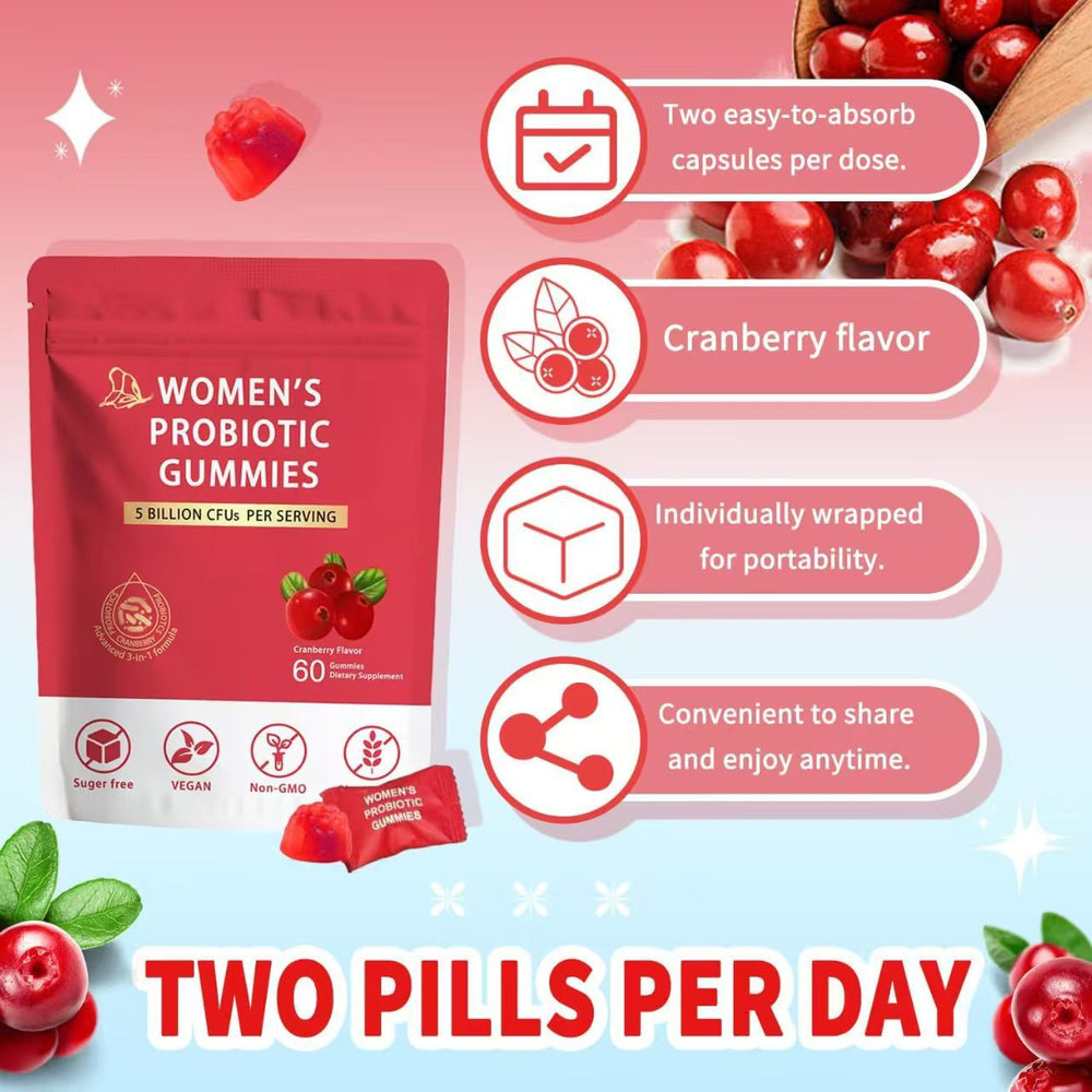 Women's Probiotic Gummies - 5 Billion CFUs | Probiotics + Prebiotics + Cranberry | No Sugar | Vegan | Non-GMO | 60 Gummies