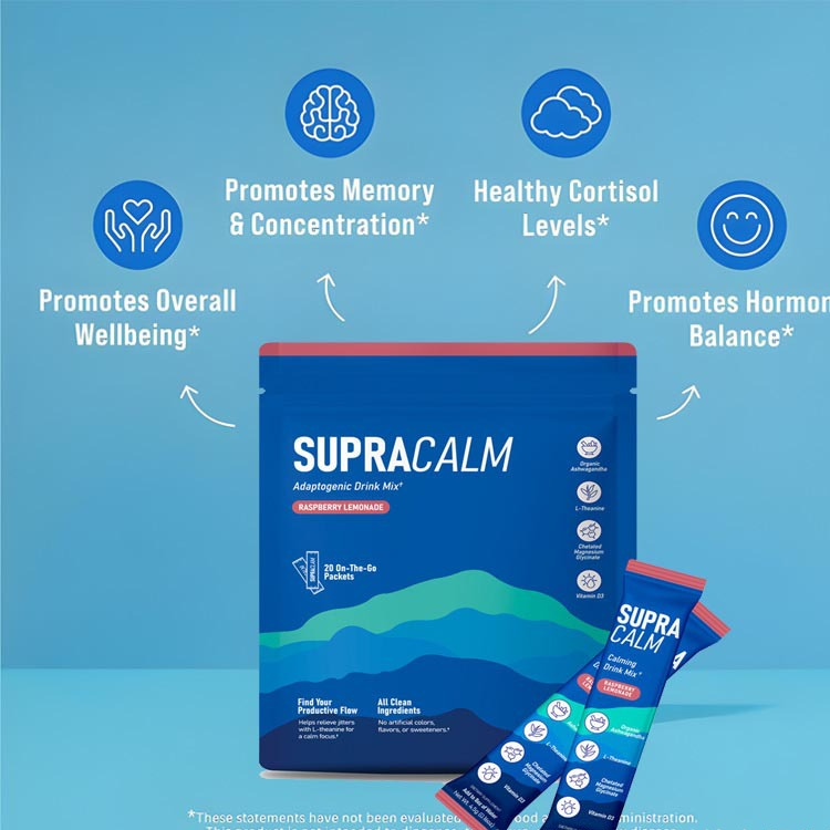 SupraCalm Adaptogenic Drink Mix - Raspberry Lemonade | Organic Ashwagandha, L-Theanine, Magnesium Glycinate & Vitamin D3 | Calm Focus + Stress Relief | 20 On-The-Go Packets | Organic Wellness Hub