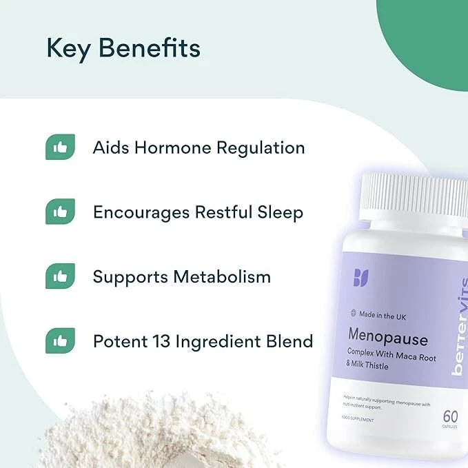 Bettervits Menopause Complex | Maca Root & Milk Thistle | Cognitive & Fatigue Support | 60 Capsules | Organic Wellness Hub